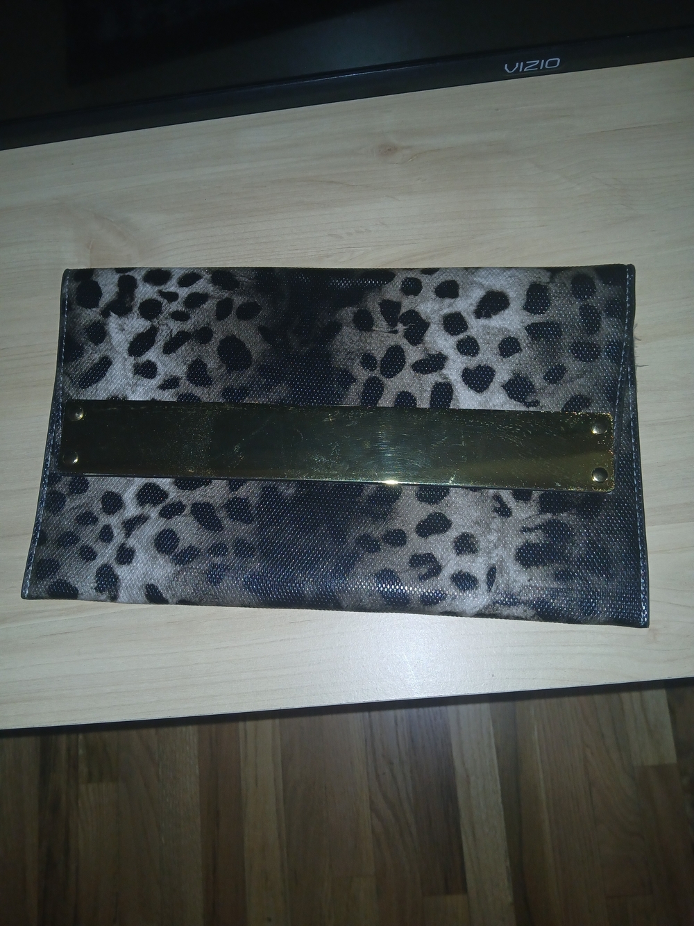 Unk Leopard Print Clutch with Gold Bar Accent - Black Beige